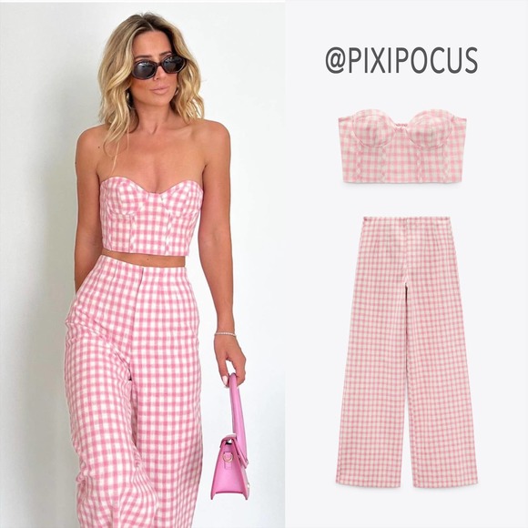 Zara Pants - ZARA [ 2 PIECES ] GINGHAM SET | PANTS + BUSTIER TOP PINK S